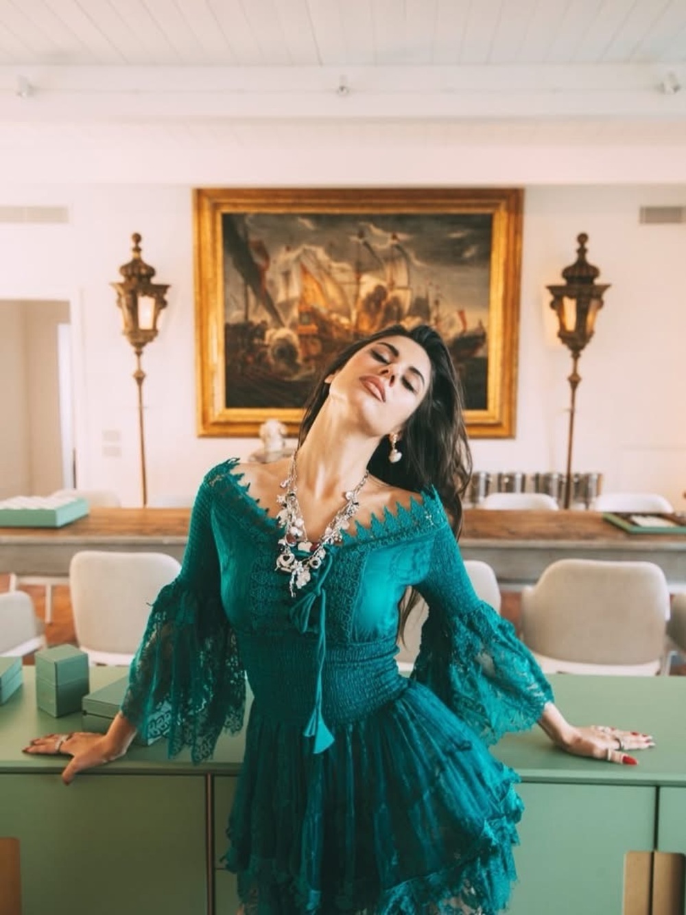 JUST LANDED ANTICA SARTORIA 2026 ELEGANT TEAL OFF SHOULDER DRESS NWT O/S